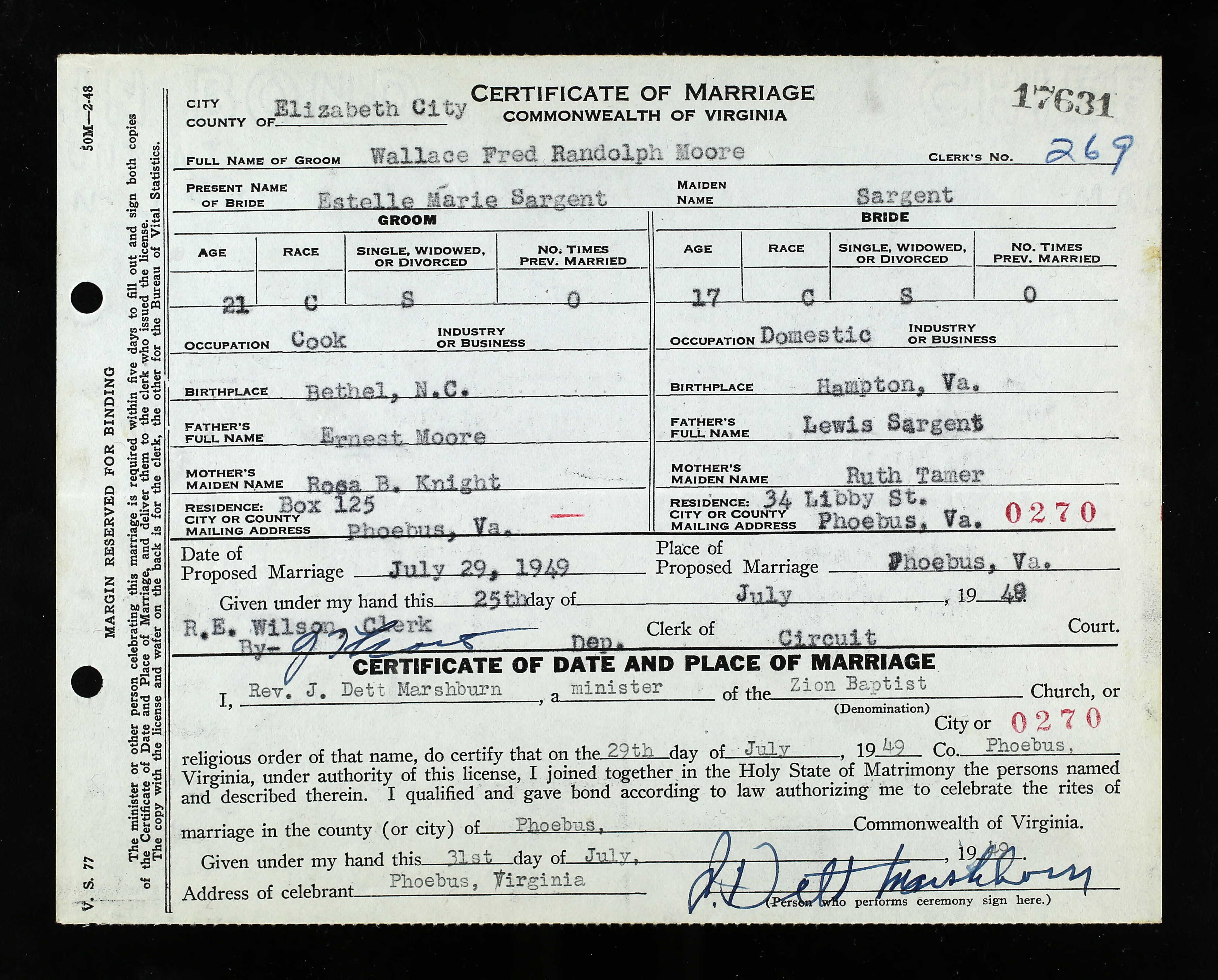 Marriage Certificate Moore-Sargent 1949